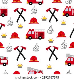 Cartoon pattern.Fire collection.firefighter pattern.Fire truck and equipment pattern