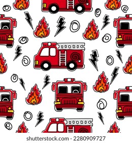 Cartoon pattern.Fire collection.firefighter pattern.Fire truck and equipment pattern