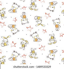 cartoon patterns of bears and rabbits, vector illustrations, stars and small dots as ornaments, suitable for children's clothing designs