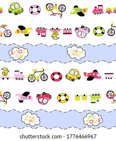 Cartoon patterns of cars, planes, bicycles, trains with birds on them, vector illustrations, buoys, smile happy writing and my toy's as ornament, wavy horizontal lines as backgrounds