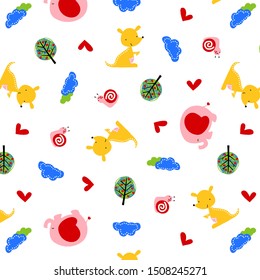 cartoon patterns of elephants and kangaroos, vector illustrations, snails, clouds and trees as ornaments, suitable for printing designs