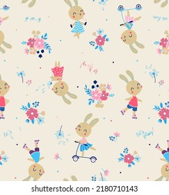 Cartoon patterns of rabbits playing roller skates, scooters, ropes and others, vector illustrations, small circles, flowers and leaves as ornaments, suitable for girls' clothes design.