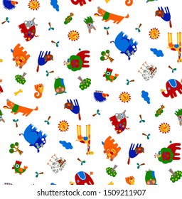cartoon patterns of several types of animals protected, vector illustrations, trees, clouds, sun and others as ornaments, suitable for printing designs