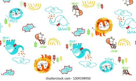 cartoon patterns of some animals protected, vector illustrations, clouds, leaves and others as ornaments, suitable for printing designs