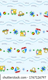 Cartoon patterns of trains, cars, helicopters and boats, vector illustrations, broken horizontal lines broken up, happy toys writing in the background