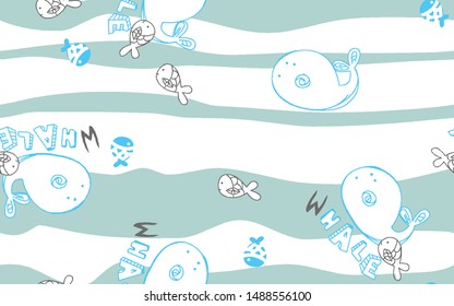 cartoon patterns of whales and other sea fish, vector illustration, large horizontal wavy lines in the background, suitable for printing designs