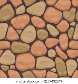 Cartoon paving street. Floor pavement tile, garden patio and road sidewalk paving plan, seamless pattern of cobblestone walkway. Vector texture of rock cobblestone, tile floor stone