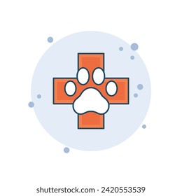 Cartoon paw and medical cross icon vector illustration. Vet help on bubbles background. Emergency sign concept.