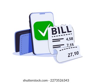 Cartoon pay money with mobile phone banking online payments concept. Easy e bill payment transaction on smartphone. Mobile with financial paper on background. E bill payment vector icon illustration