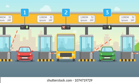 Cartoon Pay Road Toll Card Poster Highway Traffic Transport Concept Flat Design Style for Ad. Vector illustration of Gate