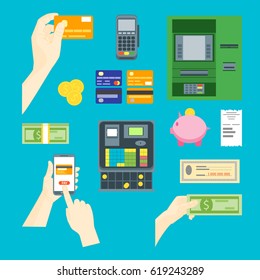 Cartoon Payment Concept Set Flat Style Design Finance and Business Elements for Web. Vector illustration