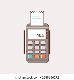 Cartoon payment machine with paper receipt vector flat illustration. Modern POS terminal with colorful button ready to pay isolated on white background. NFC payments transaction