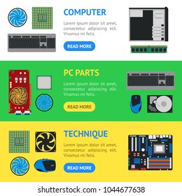 Cartoon PC Components Banner Horizontal Set Technology Concept Flat Design Style Include of Monitor, RAM, Cooler and HDD. Vector illustration of Pc Element