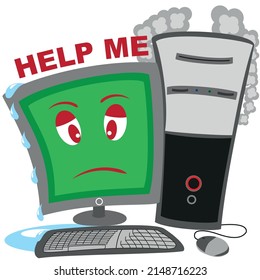 Cartoon PC infected with a computer virus
