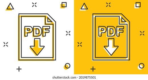 Cartoon PDF icon in comic style. Document illustration pictogram. File sign splash business concept.
