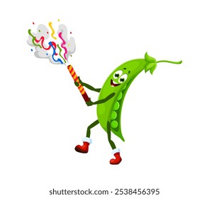 Cartoon pea character with Christmas party popper and confetti, vector funny vegetable. Happy green pea pod on winter holiday with popper for Christmas and New Year celebration or greeting emoji