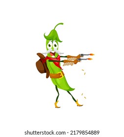 Cartoon Pea Personage With Revolvers. Funny Vector Green Bean Pod Bandit Or Robber Character Shoot With Guns. Isolated Ranger Vegetable Gangster Wear Cowboy Hat Duel Or Bank Robbery Western Scene