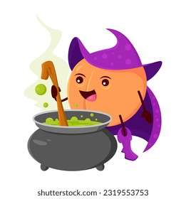 Cartoon peach or apricot fruit wizard or magician character brewing magic potion in cauldron. Funny ripe vector sorcerer, magic Halloween personage in witch hat and cape with pot. Wiz plant enchanter