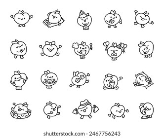 Cartoon peach character. Coloring Page. Funny fruit hero. Hand drawn style. Vector drawing. Collection of design elements.