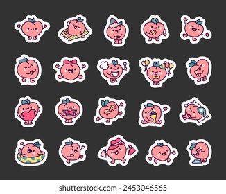 Cartoon peach character. Sticker Bookmark. Funny fruit hero. Hand drawn style. Vector drawing. Collection of design elements.