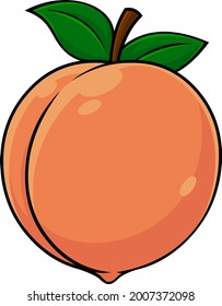 Cartoon Peach Fruit With Green Leaves. Vector Hand Drawn Illustration Isolated On Transparent Background