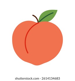 A cartoon peach with a green leaf on top. The peach is bright red and the leaf is a vibrant shade of green. The image has a playful and whimsical feel to it