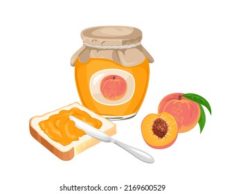 Cartoon peach jam set. Spread on piece of toast bread, knife, glass jar with jelly and fresh fruit isolated on white background. Vector sweet food illustration.