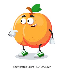 cartoon peach mascot showing himself on a white background