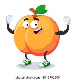 cartoon peach mascot shows its strength on a white background
