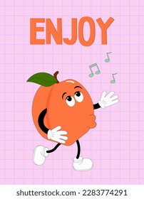 Cartoon peach sings songs. Postcard template with an inscription. Vector illustration of fruit mascot characters. For covers, books and brochures, social networks, advertising, flyers and invitations