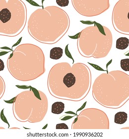 Cartoon melocotón de verano fruto de la fruta sin fisuras fondo de patrón. Platos dulces dulces frescos diseño de papel pintado para los niños. Ilustración gráfica de impresión vectorial.