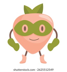 Cartoon peach superhero character wearing a mask and gloves is standing and smiling