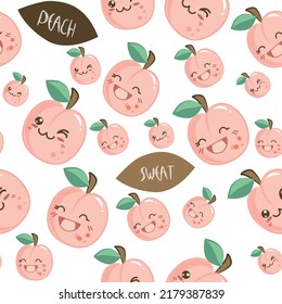 Cartoon peaches character with seamless pattern. Colorful design with texture for textile, fabric, paper. Cute kawaii style fruit emoticons. 