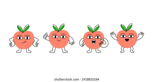 Cartoon peaches in different poses with funny face. Colorful vector illustration isoleted on a white background.