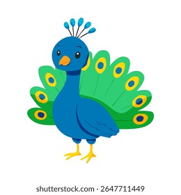 Um pavão de desenho animado com um corpo azul e penas verdes. O pavão está sorrindo e tem um bico amarelo