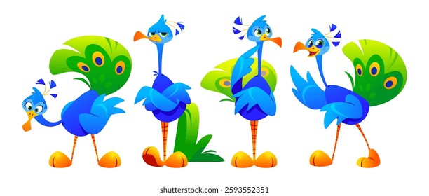 Cartoon peacock characters with cute expressions in different poses. Playful design of blue bodies with bright orange beaks, striped legs and yellow feet, green tail feathers with colorful eyespots.