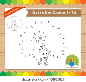 Cartoon Peacock. Dot to dot educational game for kids