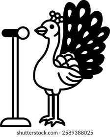 A cartoon peacock stands next to a microphone