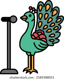 A cartoon peacock stands next to a microphone. The peacock is wearing a crown and has a microphone in its beak