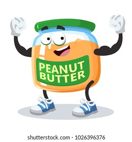 cartoon peanut butter mascot shows its strength white background