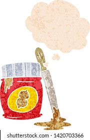 cartoon peanut butter with thought bubble in grunge distressed retro textured style