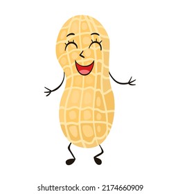 Cartoon peanut. Cute characters, funny friendly walnut, pistachio, almond, hazelnut, macadamia, sunflower seed. Flat vector illustration food