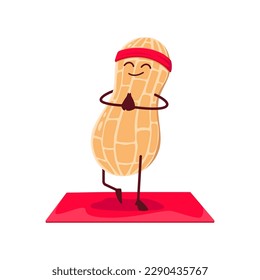 Cartoon peanut funny pod character on yoga or pilates fitness. Cute vector nut comic personage standing on mat in yogi pose with joined hands. Meditation zen class, health care yoga practice workout