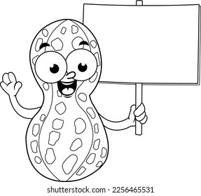 Cartoon peanut holding a blank sign. Vector black and white coloring page.