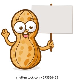  Cartoon peanut holding a blank sign. Vector illustration