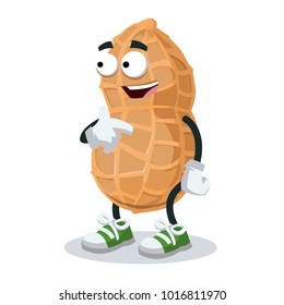 cartoon peanut mascot showing himself on a white background