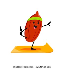Cartoon peanut nut character on yoga or fitness sport. Vector funny smiling sportsman seed personage wear headband stand on mat on one leg doing pilates stretching. Healthy wellness class tutorial