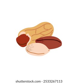 Cartoon peanut. Nuts in shell and peeled pieces. Healthy food. Diet snack. Organic vegetarian element. Whole and half. Natural plant ingredient packaging design, Vector isolated illustration