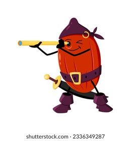 Cartoon peanut pirate character with spyglass. Isolated vector nutty corsair seed with a keen eye for adventure, searching for treasure with his trusty glass. Healthy protein snack rover personage