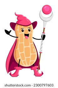 Cartoon peanut pod nut wizard character. Isolated vector funny wiz cast incantation with enchanted staff. Comic witchcraft protein food personage in pink cape and pointy hat fun on Halloween party